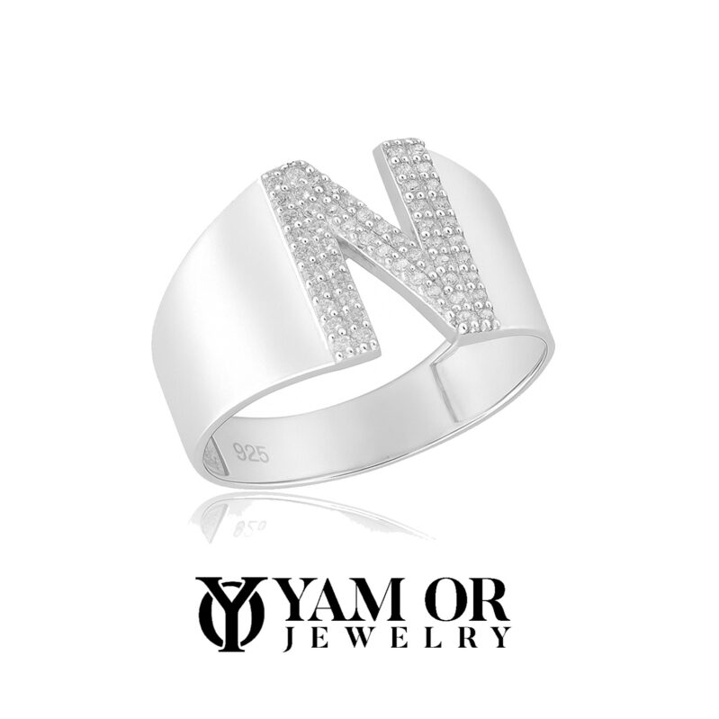 טבעת יהלומים כסף עם אות בעיצוב אישי - תכשיטי ים אור