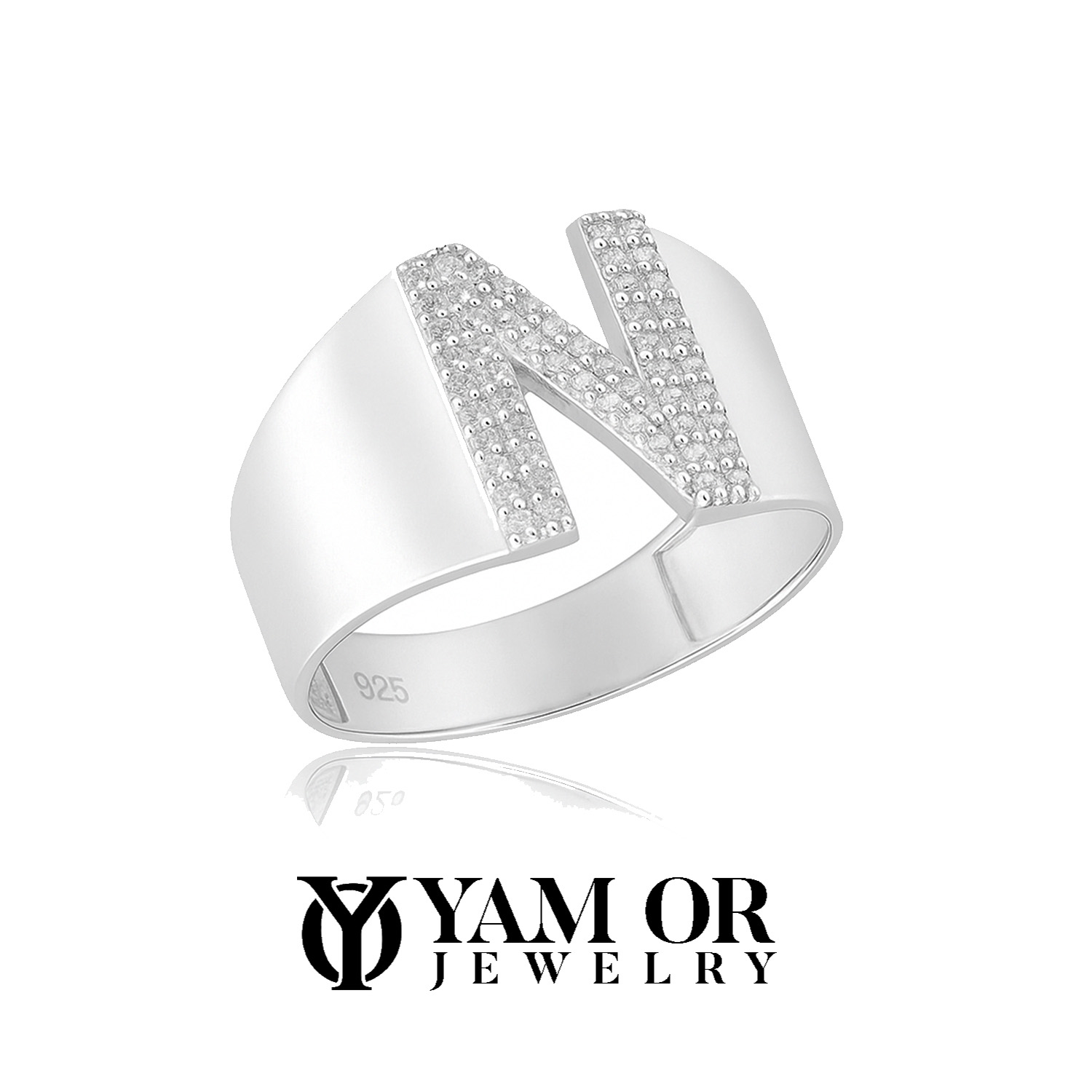 טבעת יהלומים כסף עם אות בעיצוב אישי - תכשיטי ים אור