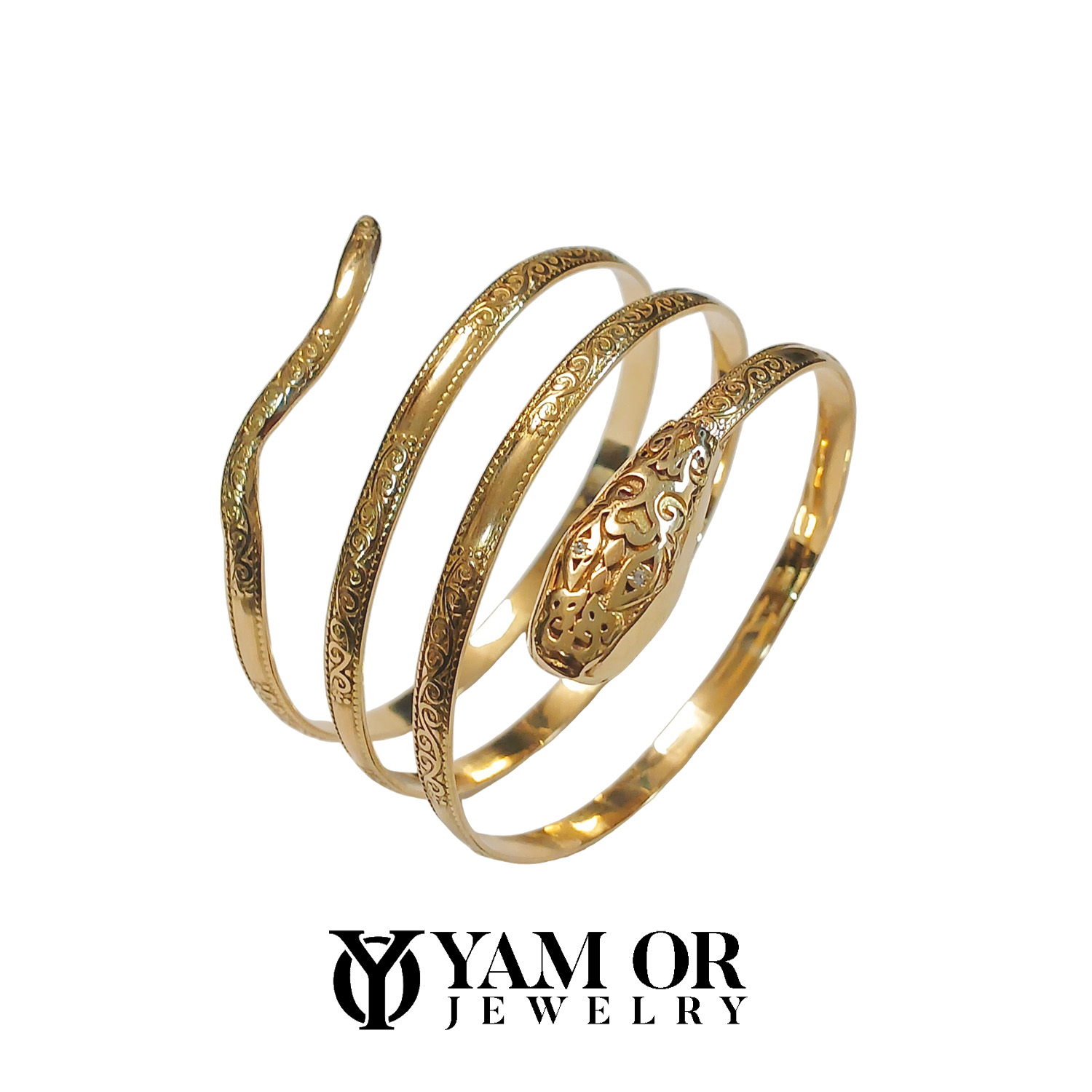 צמיד מרוקאי זהב צהוב 14K סגנון נחש עם יהלומים