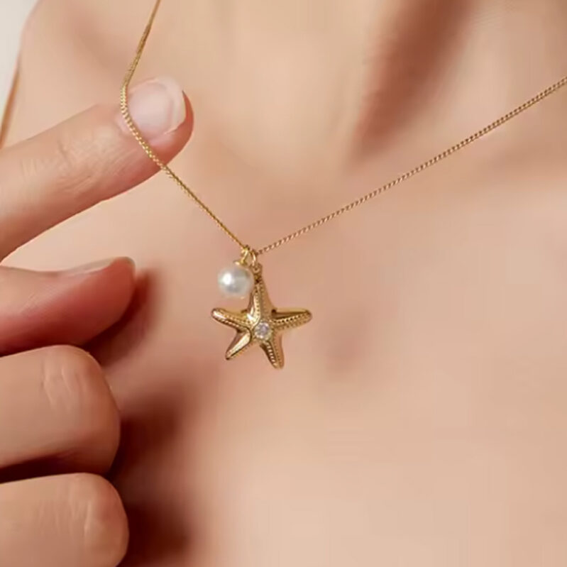 שרשרת תליון פנינה וכוכב הים ציפוי זהב